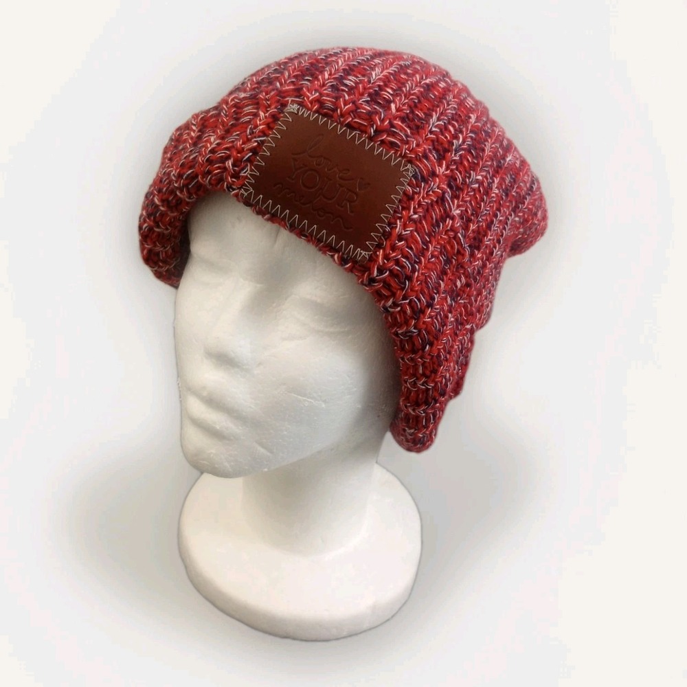 Love Your Melon Unisex Beanie White Red Blue Knit Winter Hat Made USA Chunky